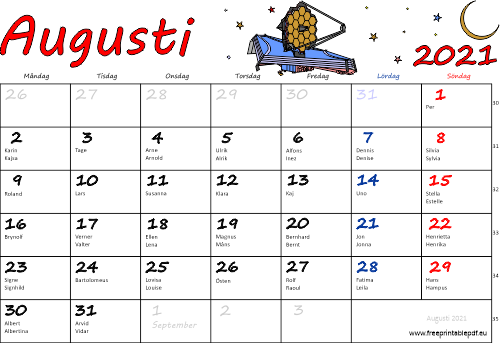 Kalender Augusti 2021 med namnsdagar färgrik