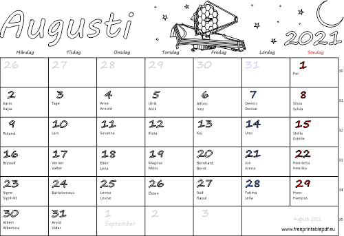 Kalender Augusti 2021 med namnsdagar