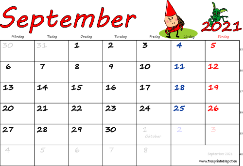 Kalender September 2021 med helgdagar färgrik