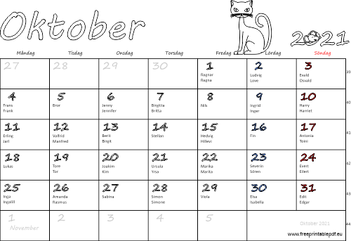 Kalender Oktober 2021 med namnsdagar