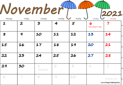 Kalender November 2021 med helgdagar färgrik