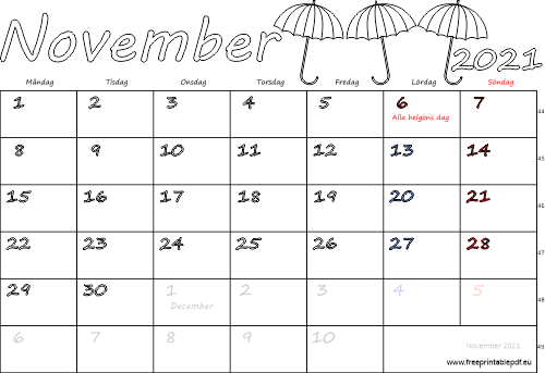 Kalender November 2021 med helgdagar