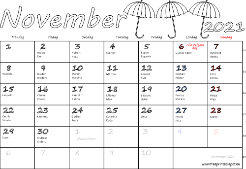 Kalender November 2021 med namnsdagar