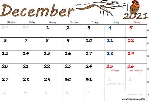 Kalender December 2021 med helgdagar färgrik