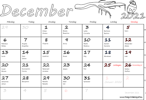 Kalender December 2021 med namnsdagar