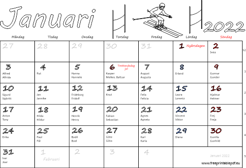 Kalender Januari 2022 med namnsdagar