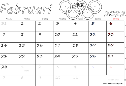Kalender februari 2022 med helgdagar