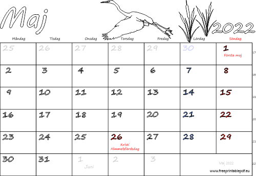 Kalender Maj 2022 med helgdagar