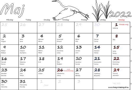 Kalender Maj 2022 med namnsdagar