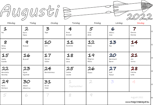 Kalender Augusti 2022 med namnsdagar