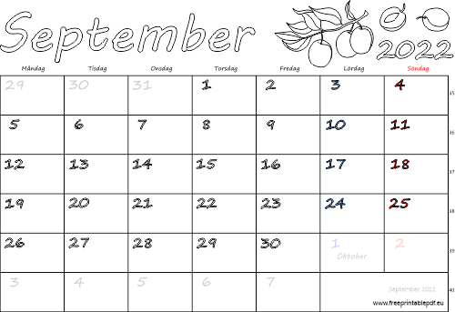 Kalender September 2022 med helgdagar