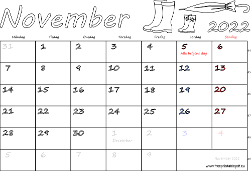 Kalender November 2022 med helgdagar