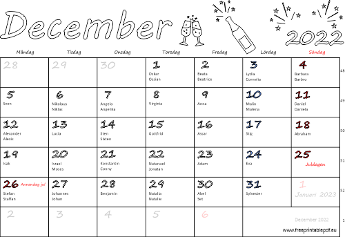 Kalender December 2022 med namnsdagar