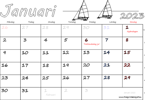 Kalender Januari 2023 med helgdagar