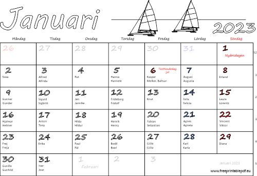 Kalender Januari 2023 med namnsdagar