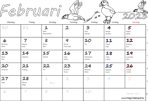 Kalender februari 2023 med namnsdagar
