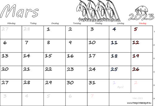 Kalender Mars 2023 med helgdagar