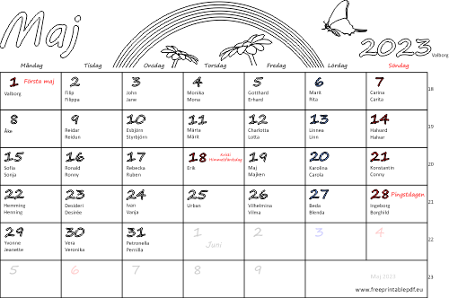 Kalender Maj 2023 med namnsdagar