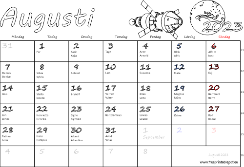 Kalender Augusti 2023 med namnsdagar