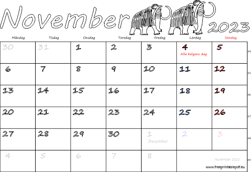 Kalender November 2023 med helgdagar