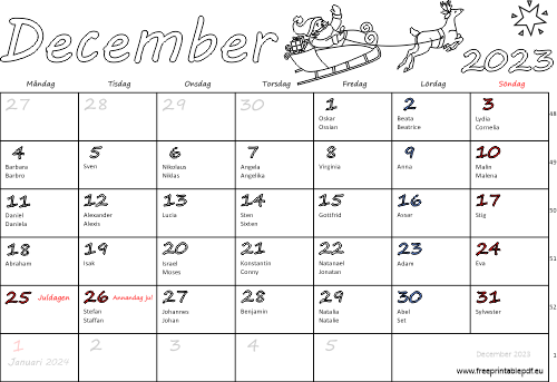 Kalender December 2023 med namnsdagar
