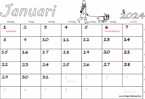 Kalender Januari 2024 med helgdagar