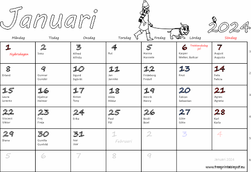 Kalender Januari 2024 med namnsdagar