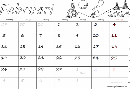 Kalender februari 2024 med helgdagar