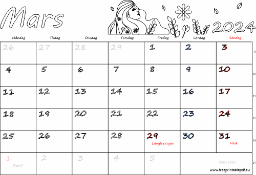 Kalender Mars 2024 med helgdagar