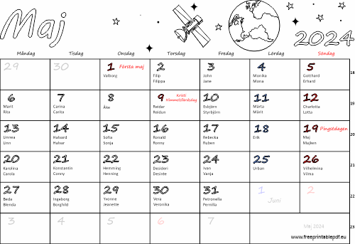 Kalender Maj 2024 med namnsdagar
