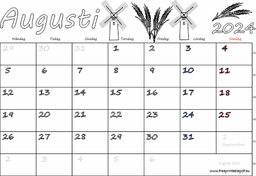 Kalender Augusti 2024 med helgdagar