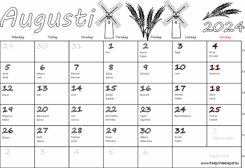 Kalender Augusti 2024 med namnsdagar