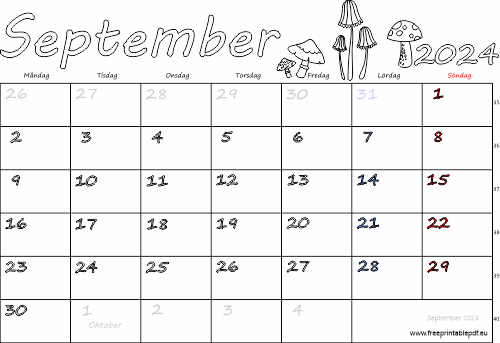 Kalender September 2024 med helgdagar