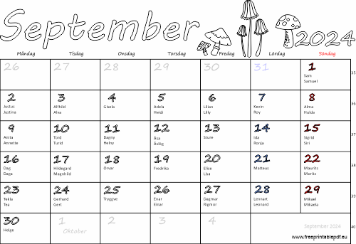 Kalender September 2024 med namnsdagar