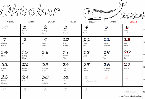 Kalender Oktober 2024 med namnsdagar