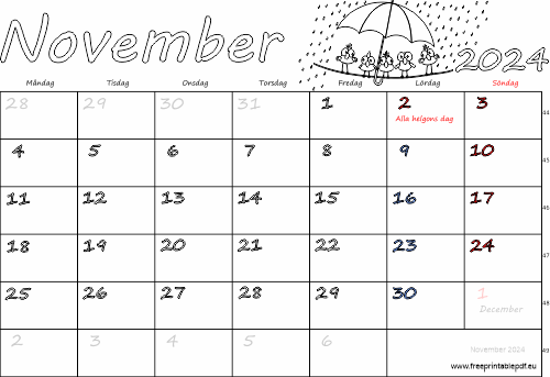 Kalender November 2024 med helgdagar
