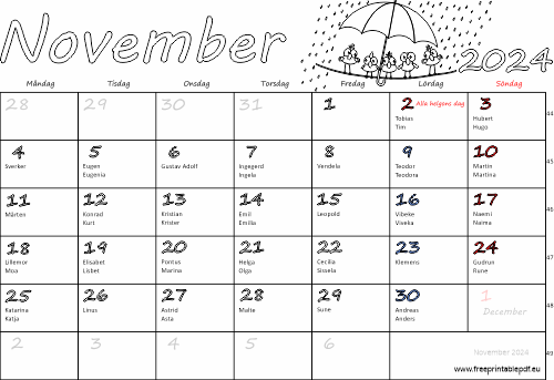 Kalender November 2024 med namnsdagar