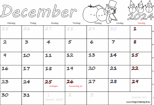 Kalender December 2024 med helgdagar