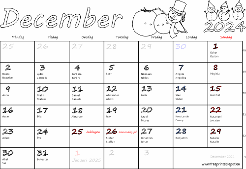 Kalender December 2024 med namnsdagar