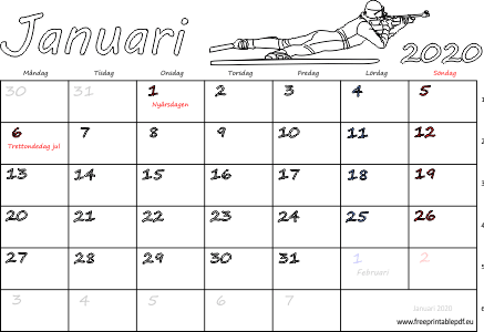 Kalender Januari 2020 med helgdagar