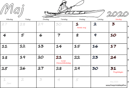 Kalender Maj 2020 med helgdagar