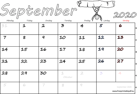 Kalender September 2020 med helgdagar