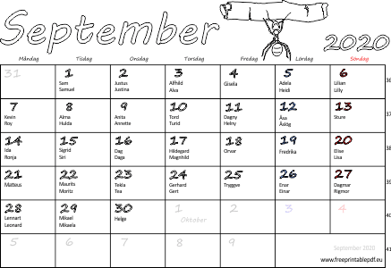 Kalender September 2020 med namnsdagar