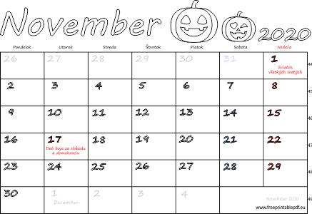 kalendár November 2020 s Vianocami