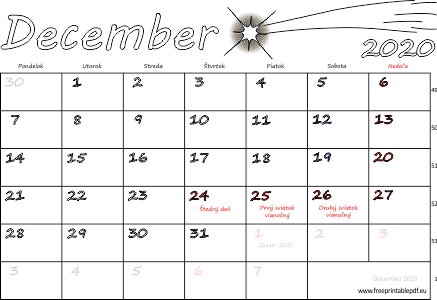 kalendár December 2020 s Vianocami
