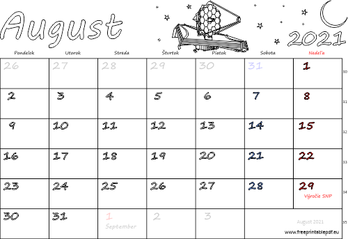 kalendár August 2021 s Vianocami