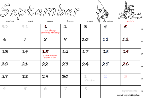 kalendár September 2021 s Vianocami