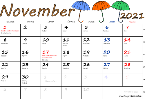 November Kalendár mien Slovensko farebný