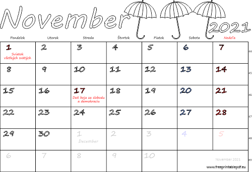 kalendár November 2021 s Vianocami