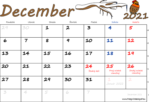 kalendár December 2021 s Vianocami farebný